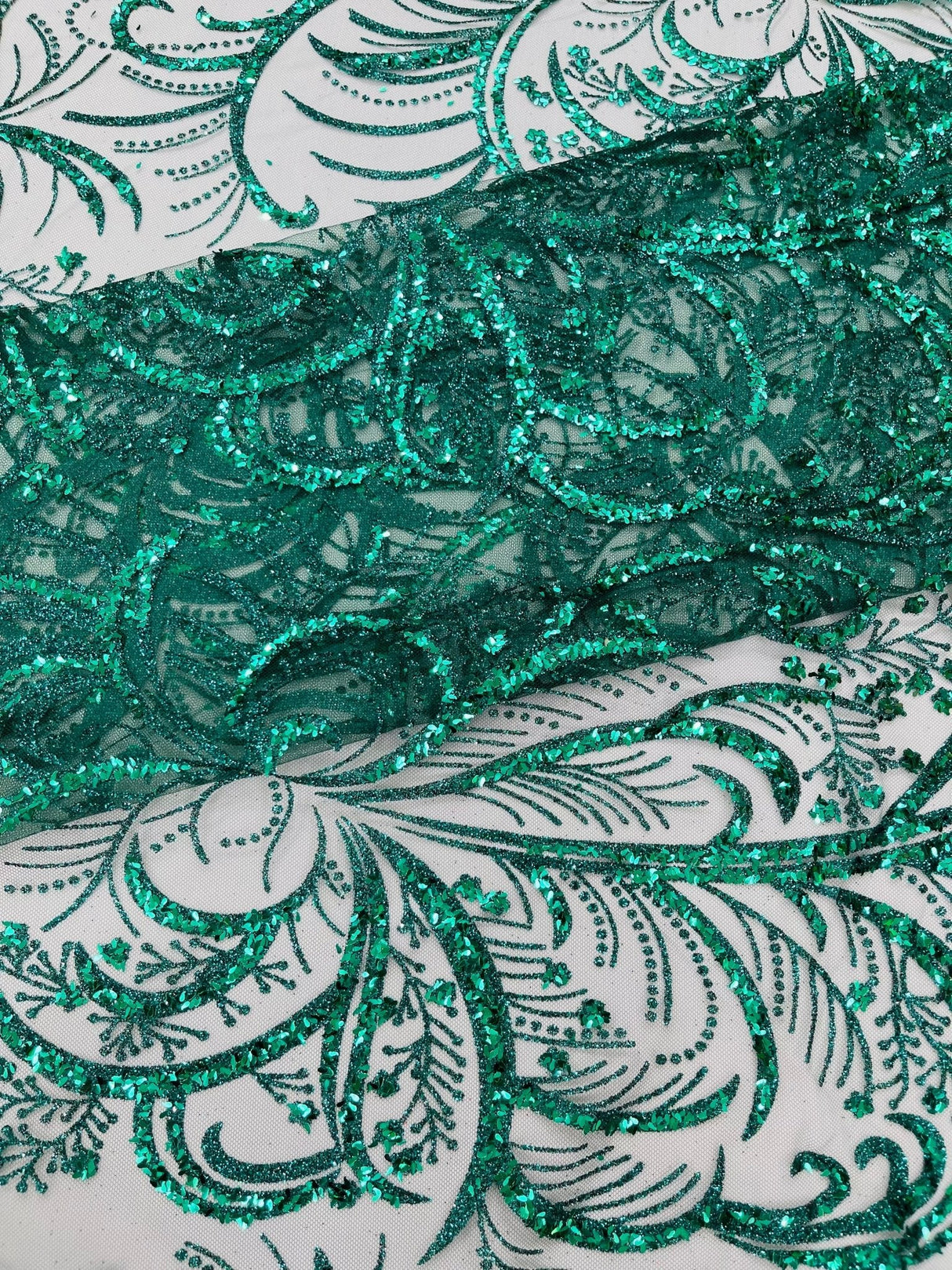 Palm Vine Glitter Design On A Mesh Lace Fabric - Hunter Green, Gold, Silver/White, Red, 54" Width (1 Yard)