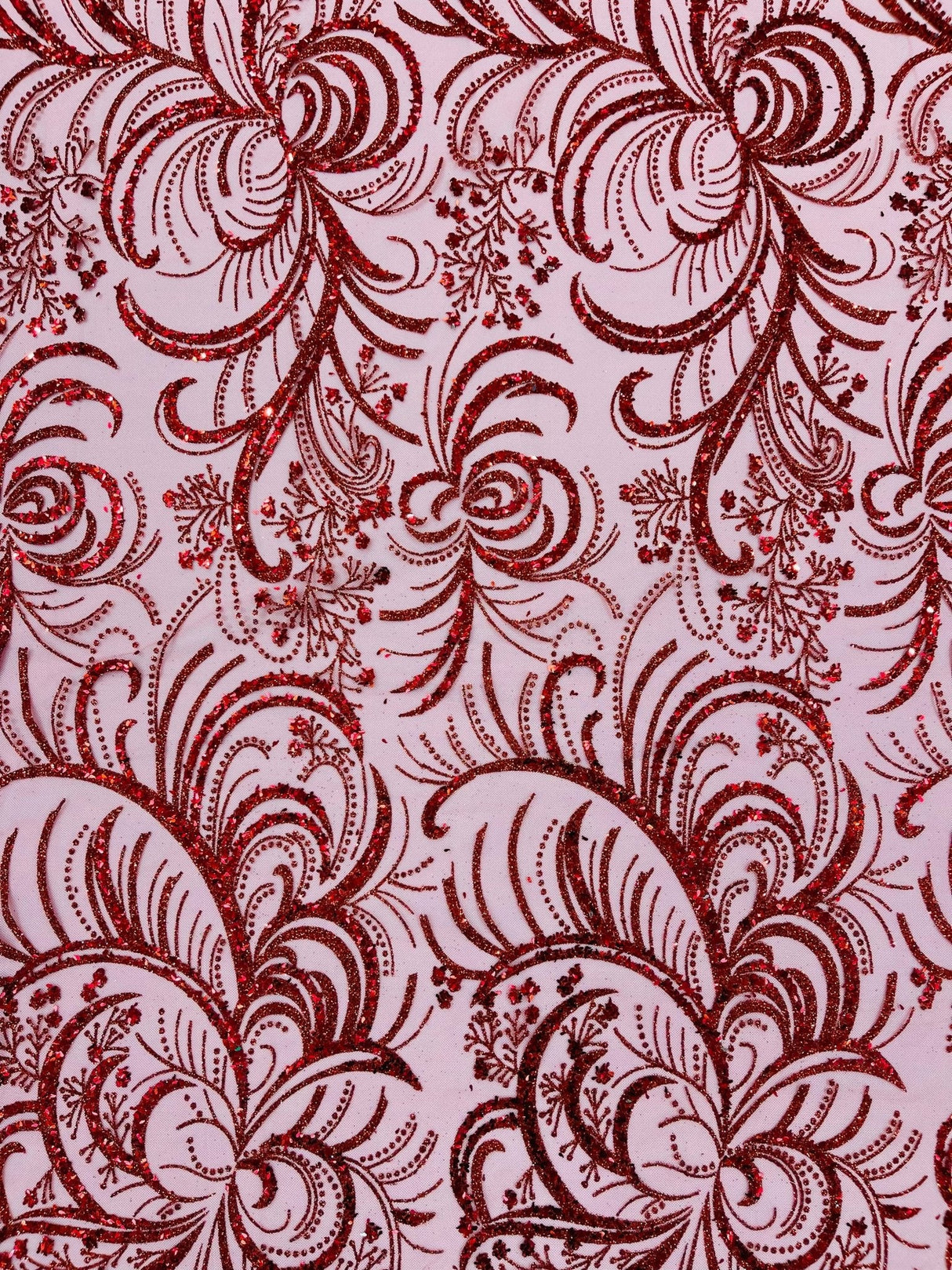 Palm Vine Glitter Design On A Mesh Lace Fabric - Hunter Green, Gold, Silver/White, Red, 54" Width (1 Yard)