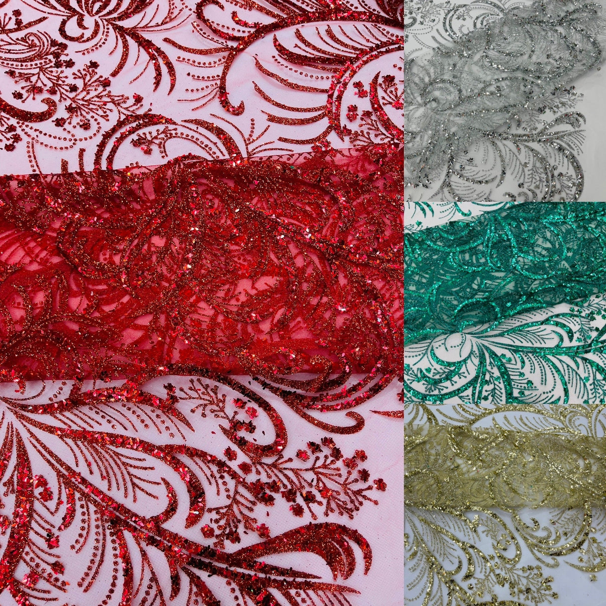 Palm Vine Glitter Design On A Mesh Lace Fabric - Hunter Green, Gold, Silver/White, Red, 54" Width (1 Yard)