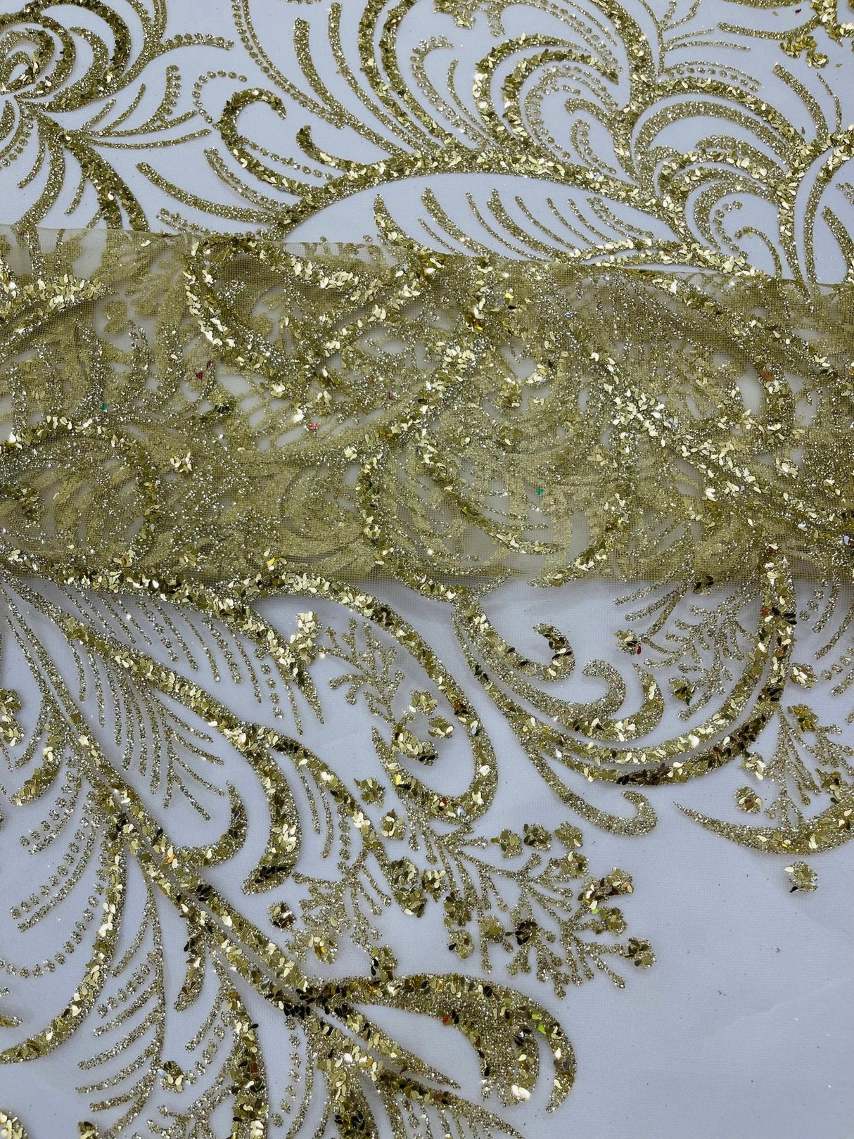 Palm Vine Glitter Design On A Mesh Lace Fabric - Hunter Green, Gold, Silver/White, Red, 54" Width (1 Yard)