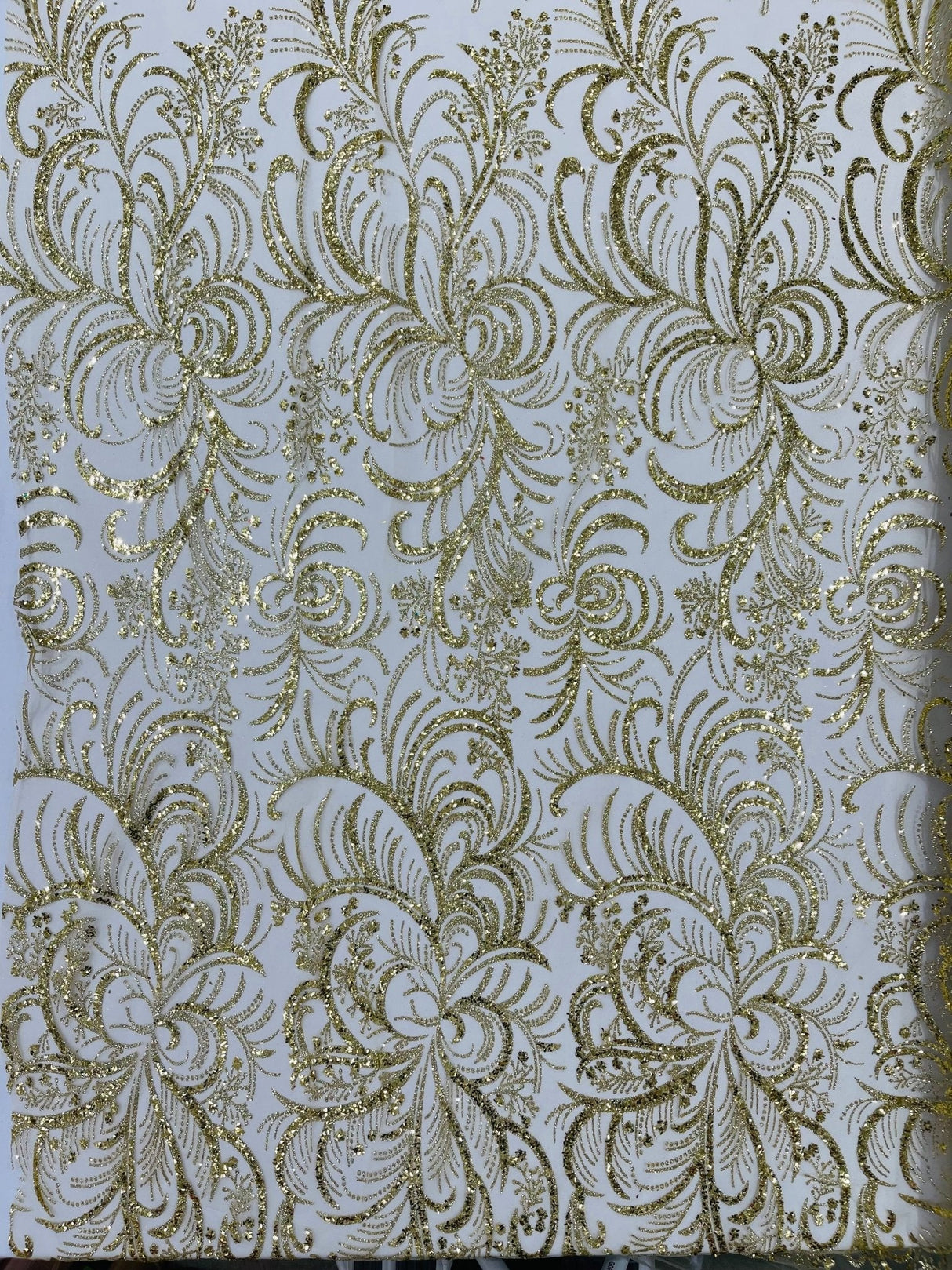 Palm Vine Glitter Design On A Mesh Lace Fabric - Hunter Green, Gold, Silver/White, Red, 54" Width (1 Yard)