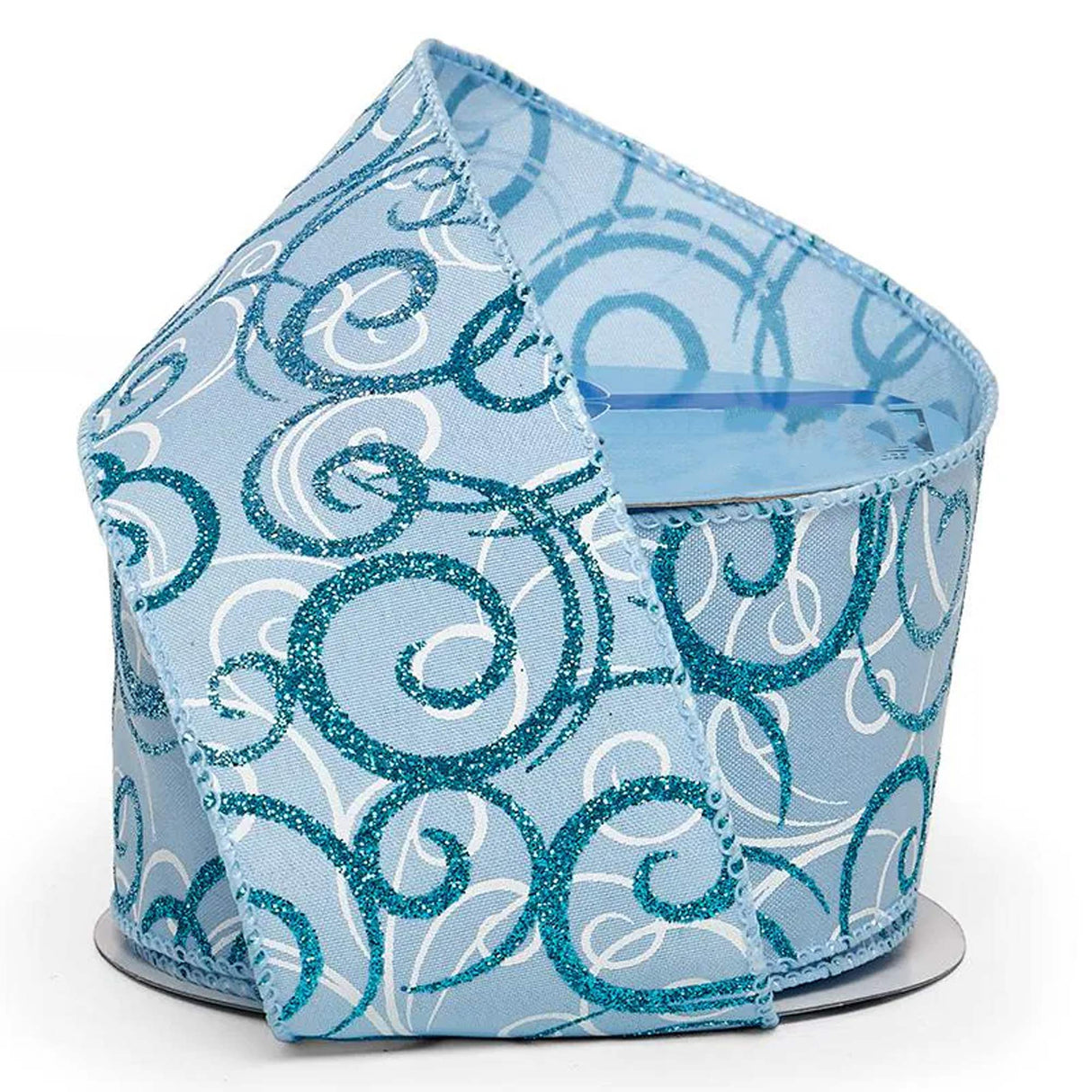 Glitter Swirls & Swipes On Wired Ribbon 2 1/2 '' X 10 yd Glitter Blue / White Swirls Color 1 / roll