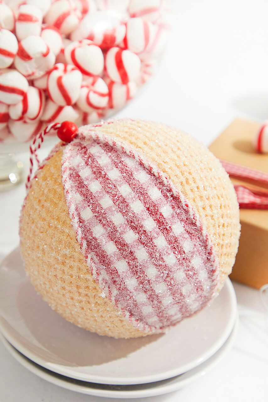5” Red and White Plaid Waffle Ball Ornament