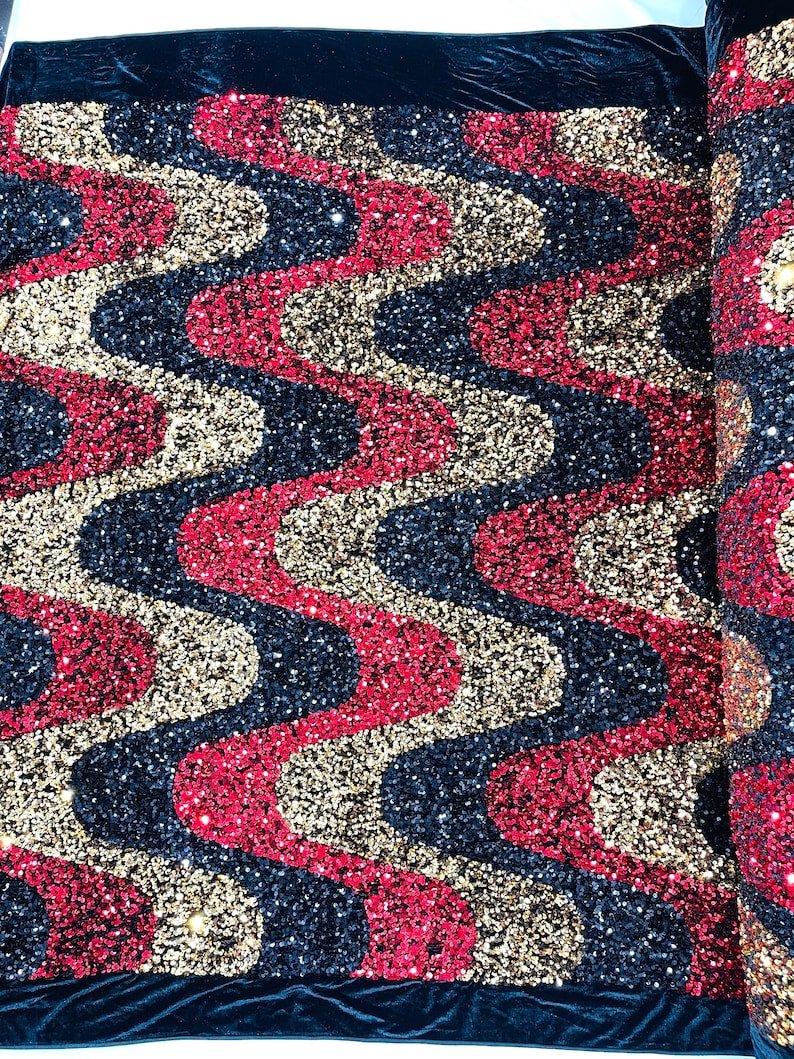 Wave Sequin Stretch Velvet Fabric - Wave Design, 54" Width (1 Yard)