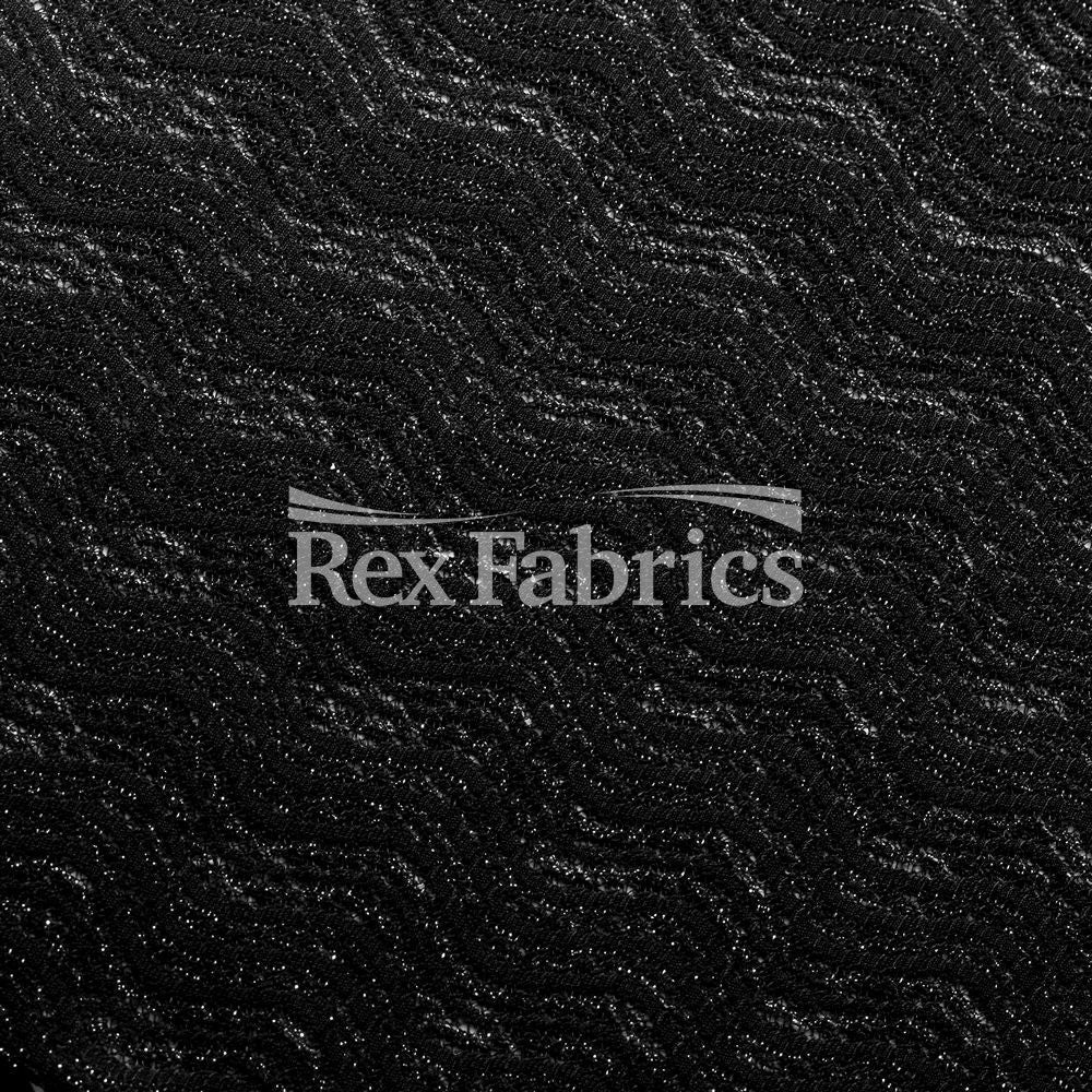 Wave Sheen Mesh Texture Nylon Spandex Fabric - Black Wave Pattern, 58/60" Width (1 Yard)