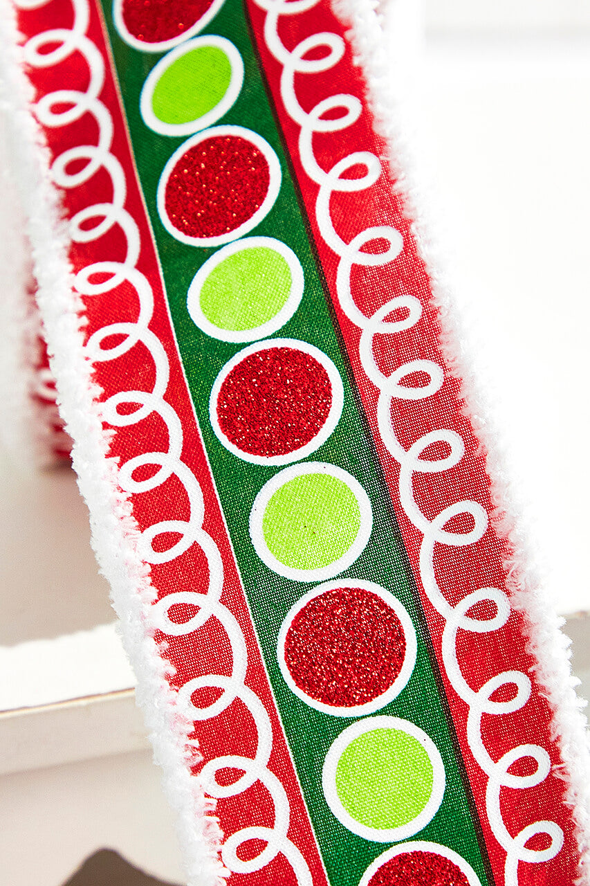2.5" x 10 Yard Stripe Glitter Circle Drift Ribbon — Red/Green