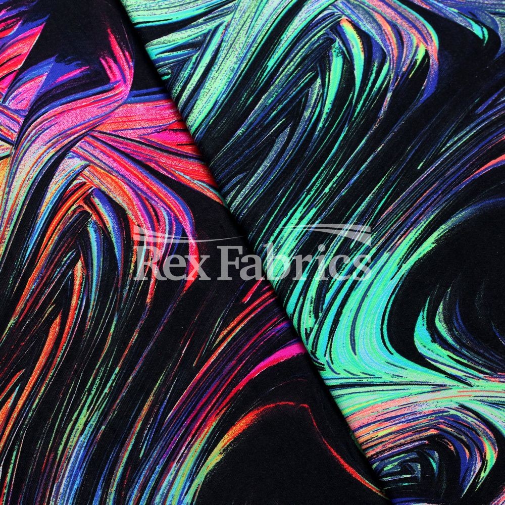 Whisper Nylon Spandex Fabric - Warm/Cool Multicolor Abstract Wave Print, Black Background, 58" Width, 320 GSM (1 Yard)