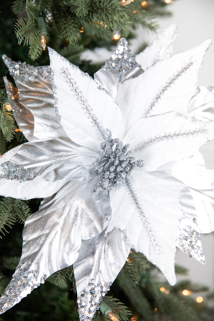 Silver & White Sequin Glitter Poinsettia 31 Inch White Christmas