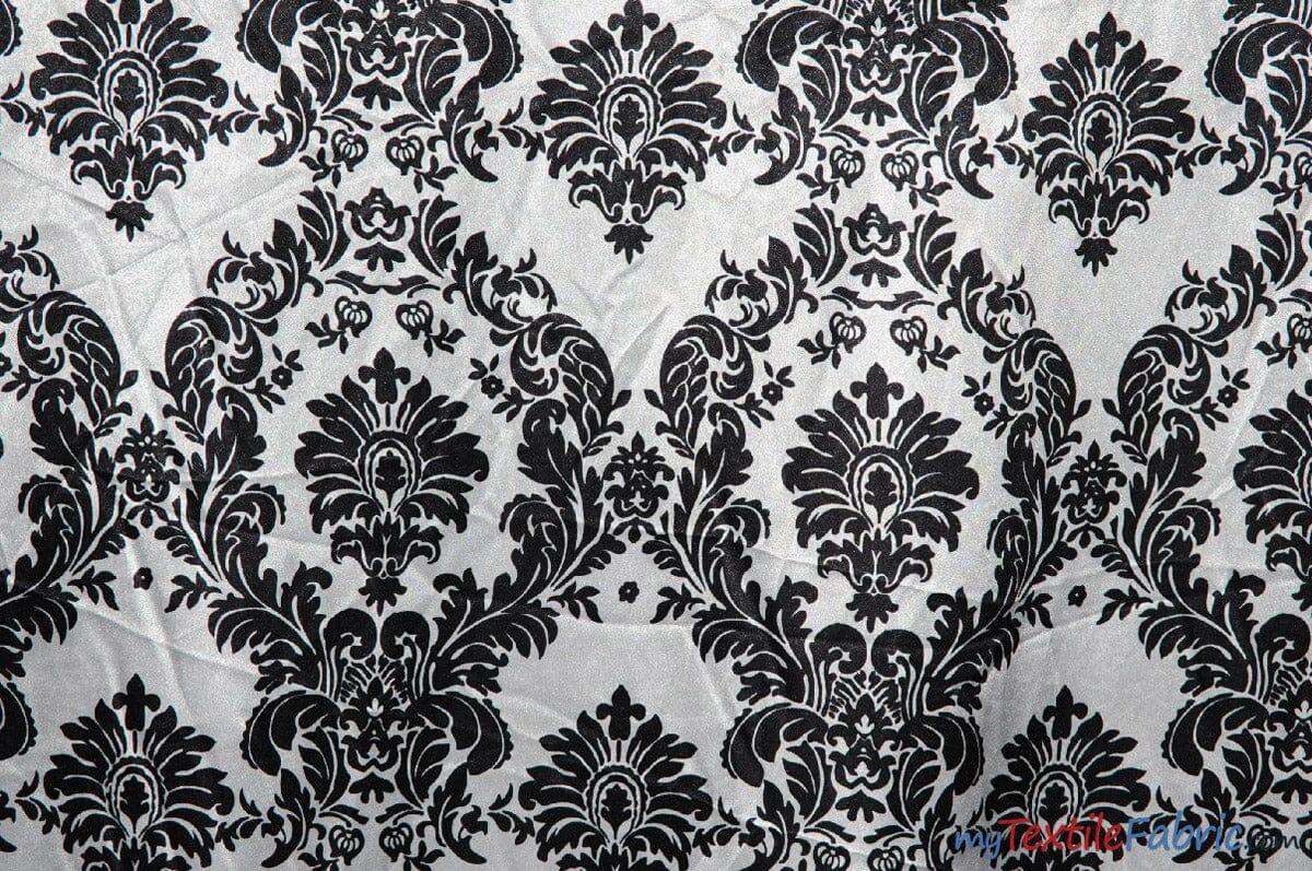 Damask Satin Charmeuse Polyester Fabric - White Black Damask, 58/60" Width