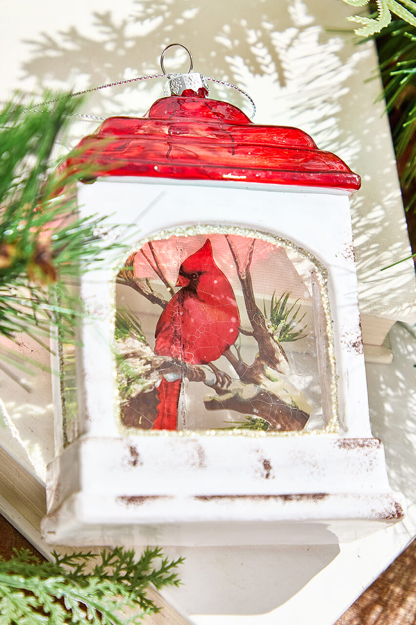 5" Glass Cardinal Scene Lantern Ornament