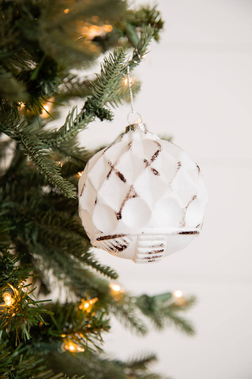 4” White and Black Glass Dotted/Striped/Quilted Ornament