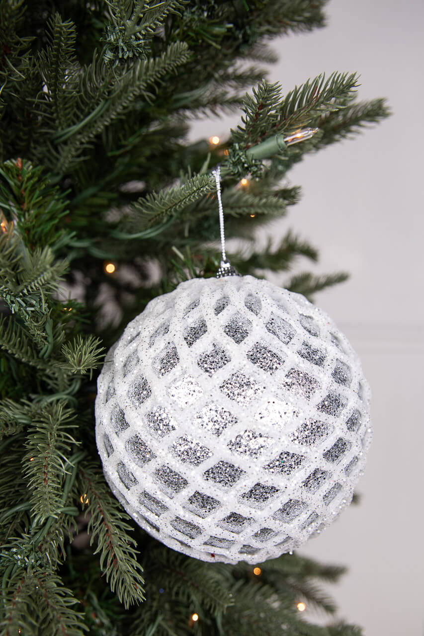 6” Glittered 2 Tone Silver/White Net Ball Christmas Ornament