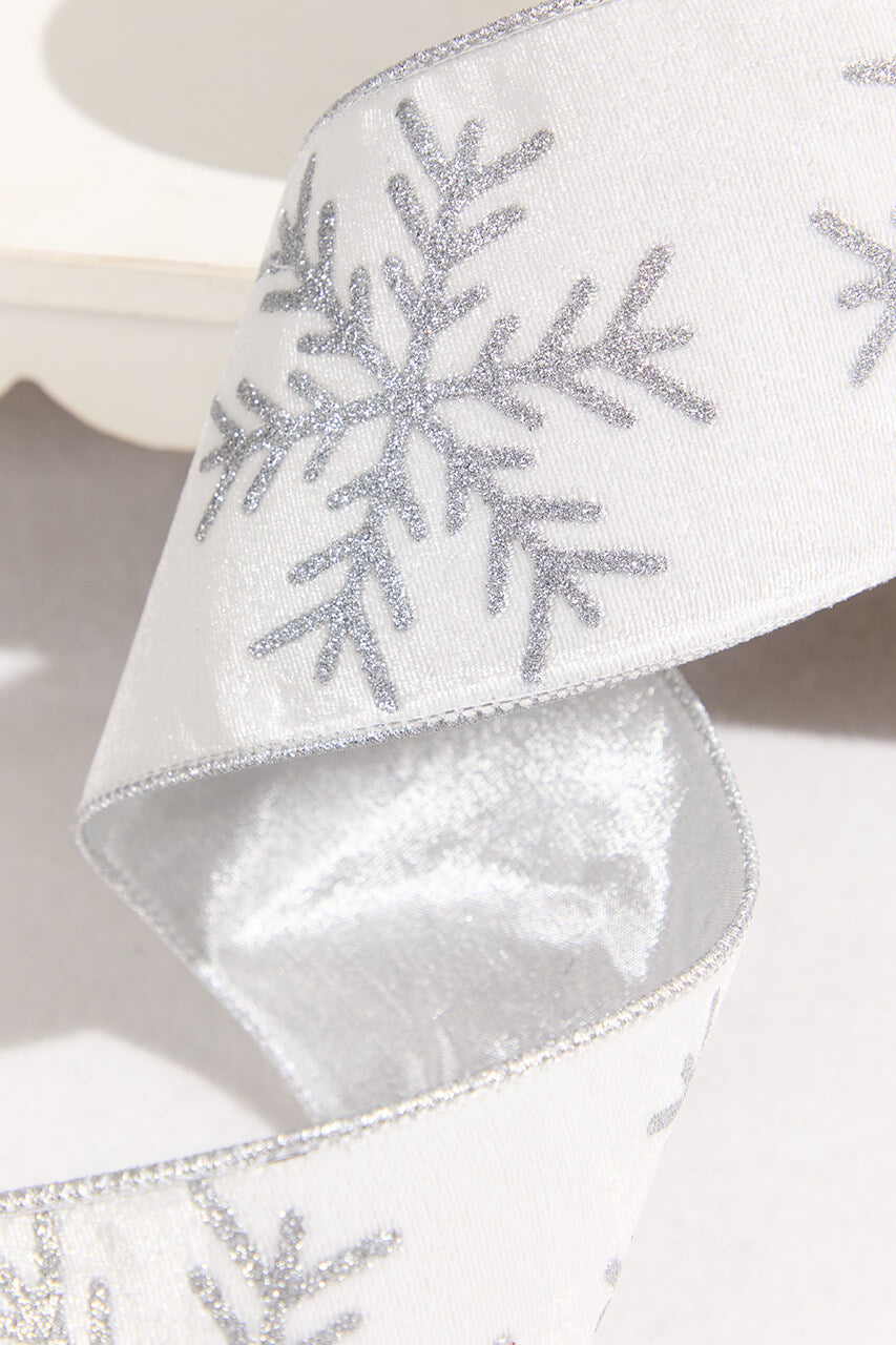 4" x 10 Yard White Velvet with Silver Snowflake Ribbon