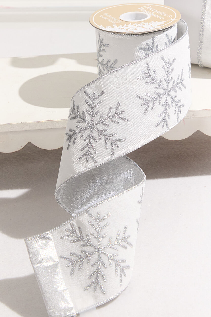 4" x 10 Yard White Velvet with Silver Snowflake Ribbon