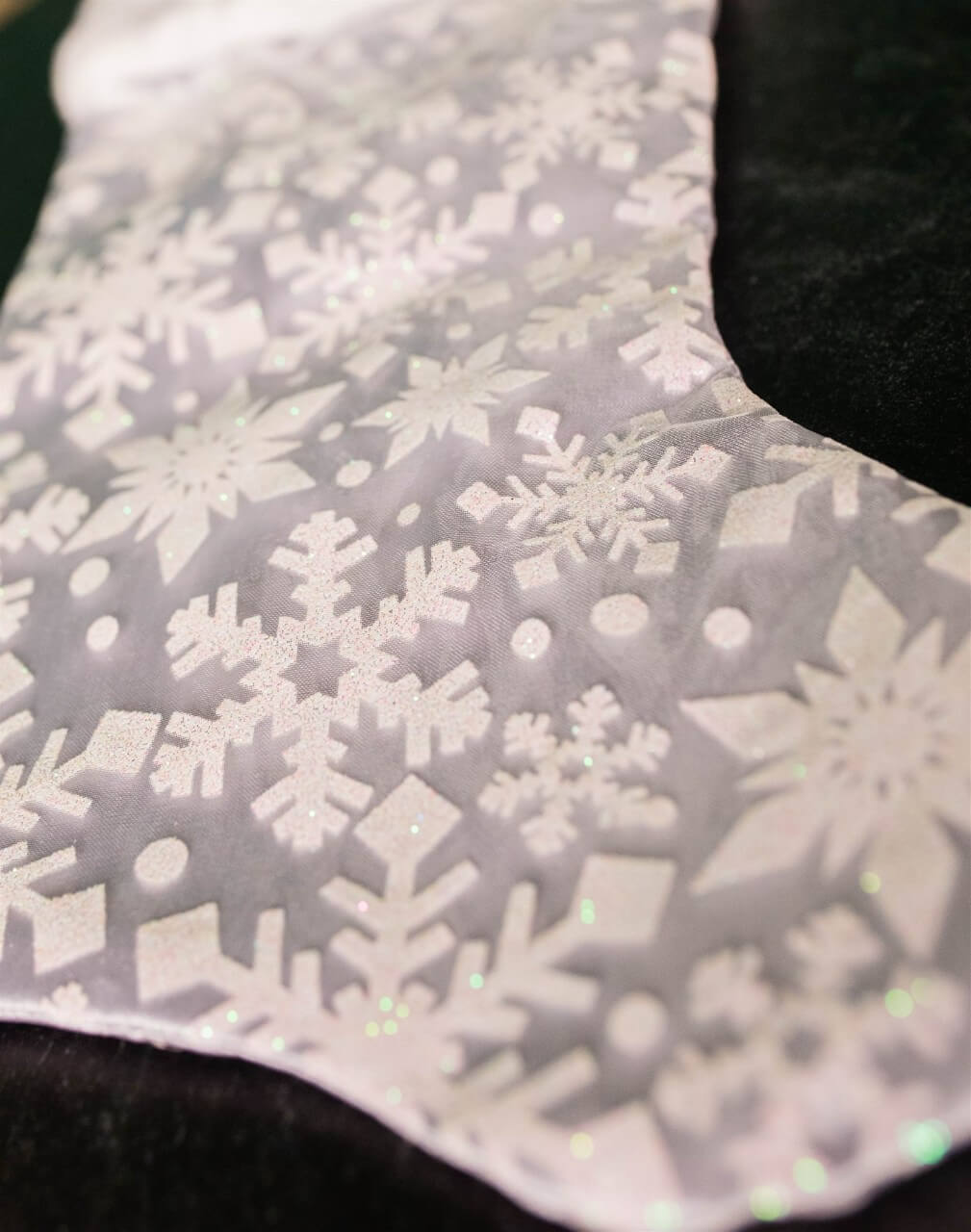 20” White Snowflake Glitter Print on Sheer Organza Stocking
