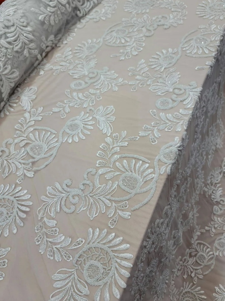 Beaded Bridal Lace Fabric Off White