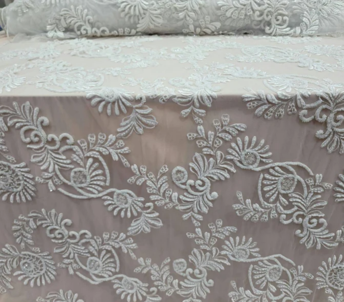 Beaded Bridal Lace Fabric Off White
