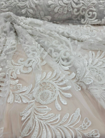 Beaded Bridal Lace Fabric Off White