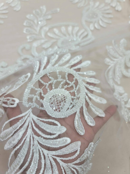 Beaded Bridal Lace Fabric Off White