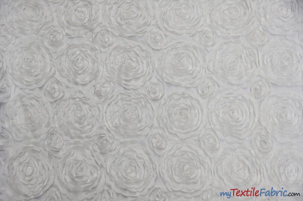 Wedding Floral Chiffon Polyester Fabric - 3D Floral Embroidery, Semi Sheer, 52" Width, Champagne, White, Ivory (1 Yard)