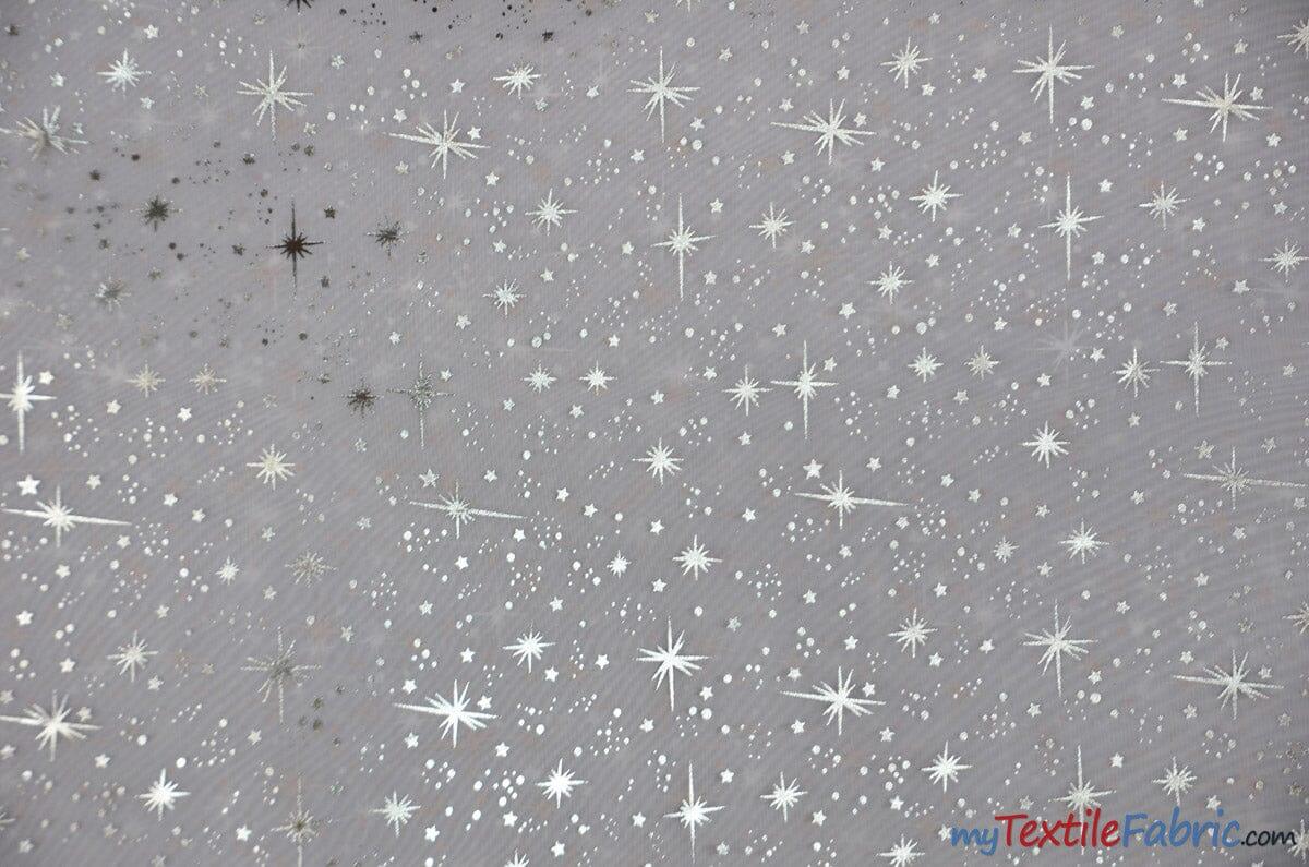 Shooting Star Foil Organza Polyester Fabric - Sheer Silver Metallic Star, 58/60" Width (1 Yard)