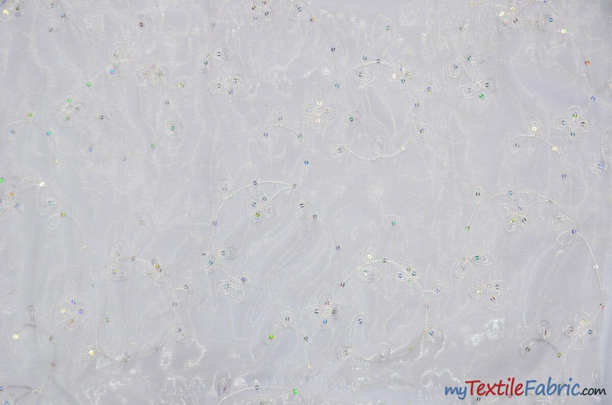 Dahlia Organza Embroidery Polyester Fabric - Embroidered Floral Sheer With Sequins Embellishment, 54" Width (1 Yard)