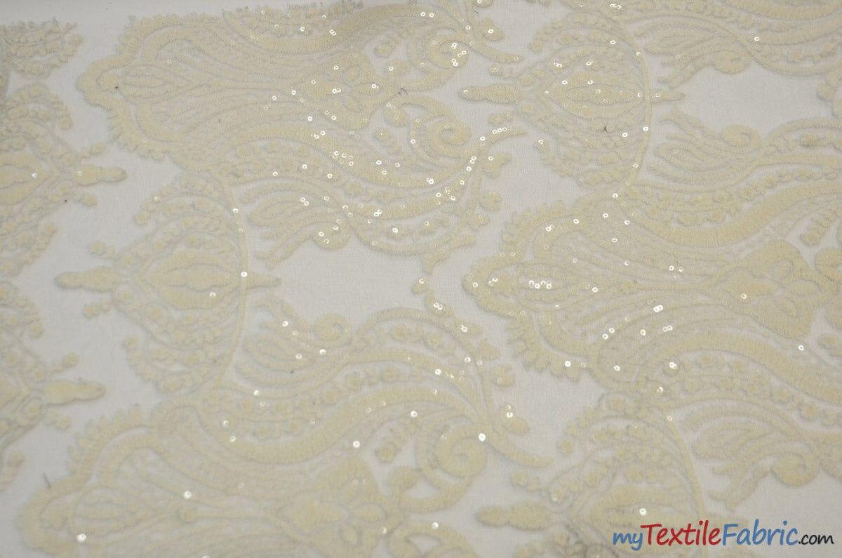 Medallion Bridal Lace Polyester Fabric - Sequins Damask Embroidery, Sheer White, 52" Width (1 Yard)