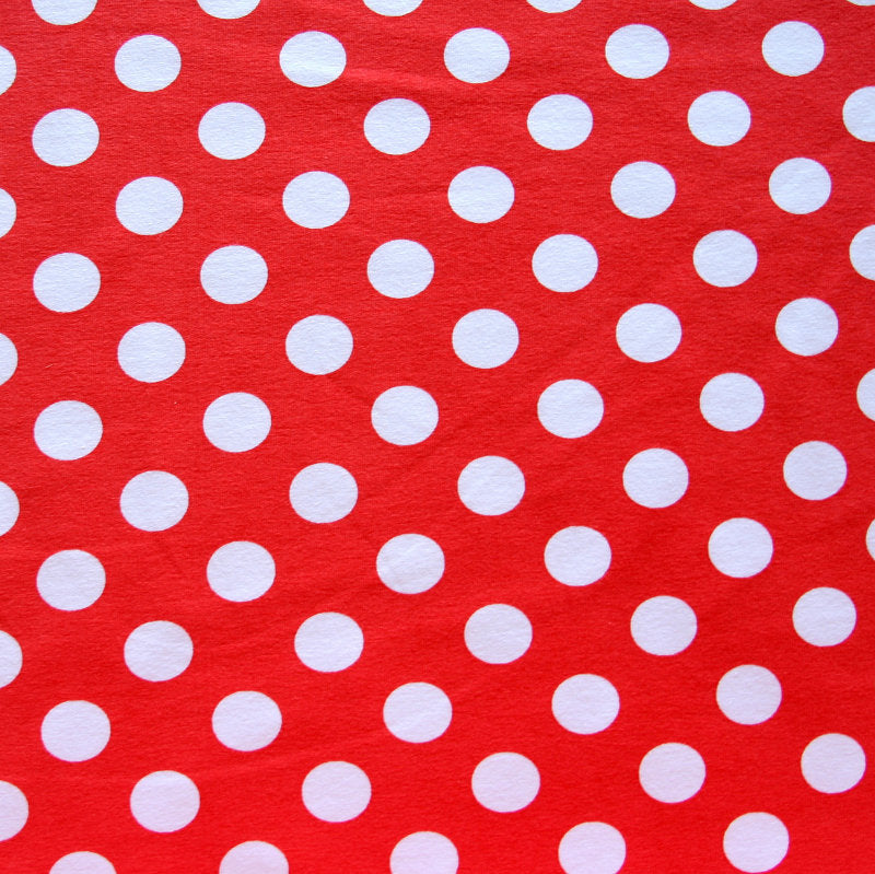 Cotton Lycra Knit White Polka Dots on Red