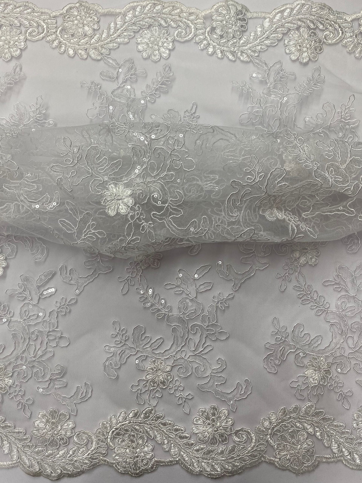 Elena'S Lace Polyester Lace Fabric - White/Clear Sequins, Double Scalloped Edge, 54" Width (1 Yard)
