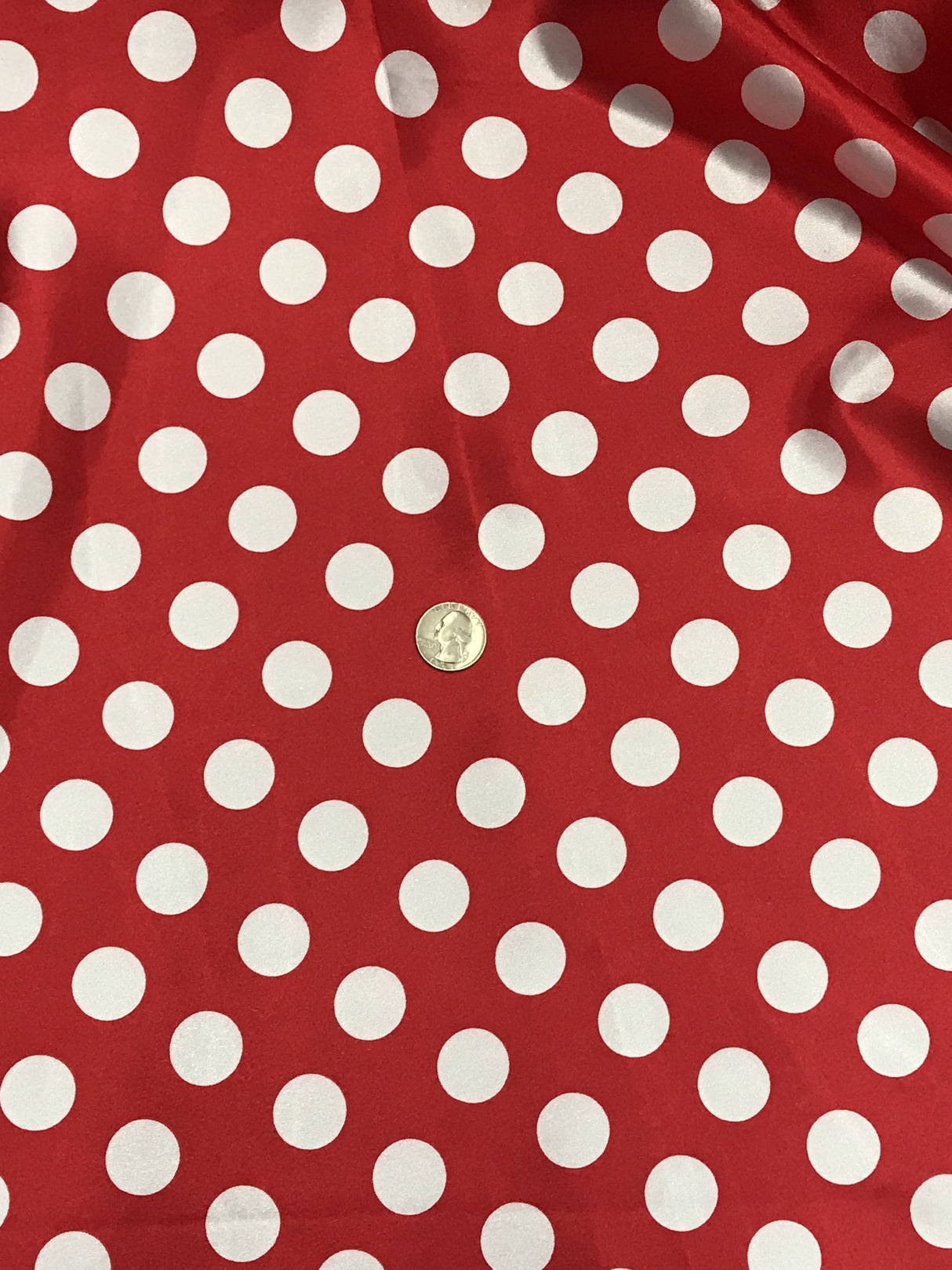 Big Polka Dots White On Red Polyester Satin Fabric - White Polka Dots On Red, 59/60" Width