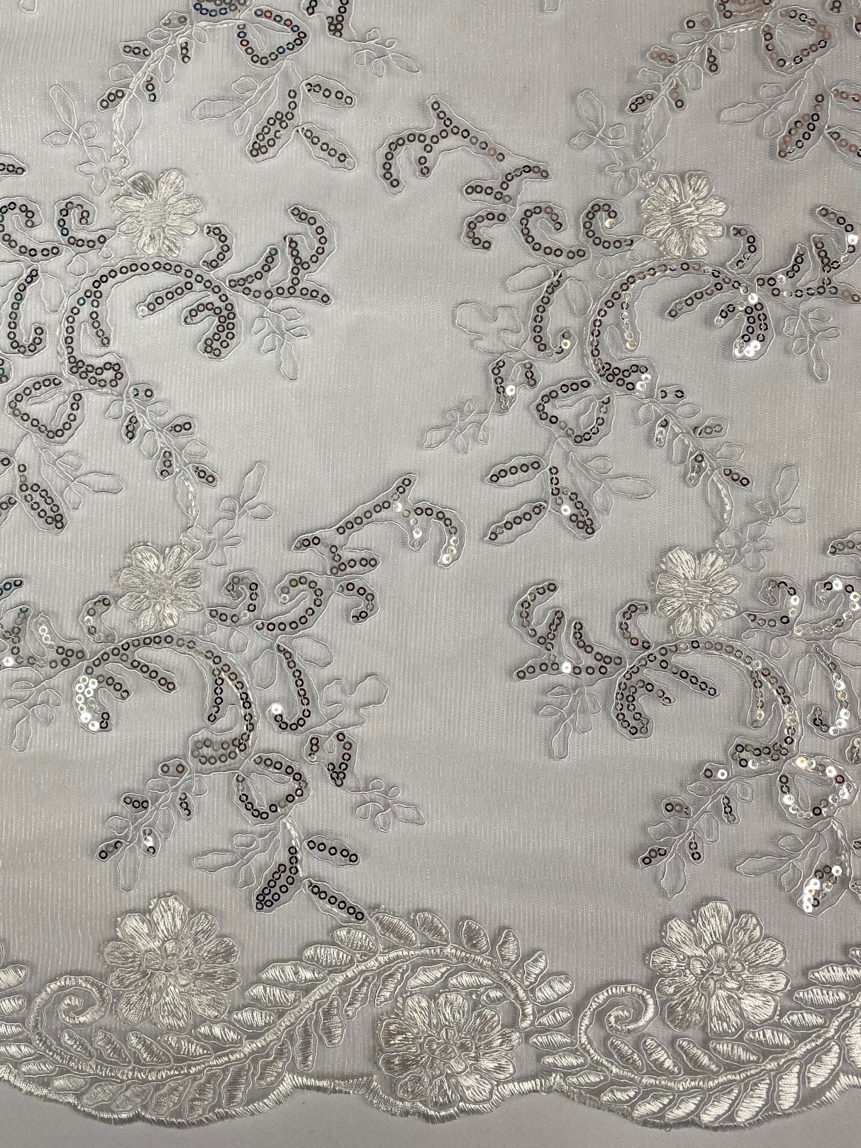 Elena's Lace Polyester Lace Fabric - White/Silver Sequins, Double Scalloped Edge, 54" Width (1 Yard)