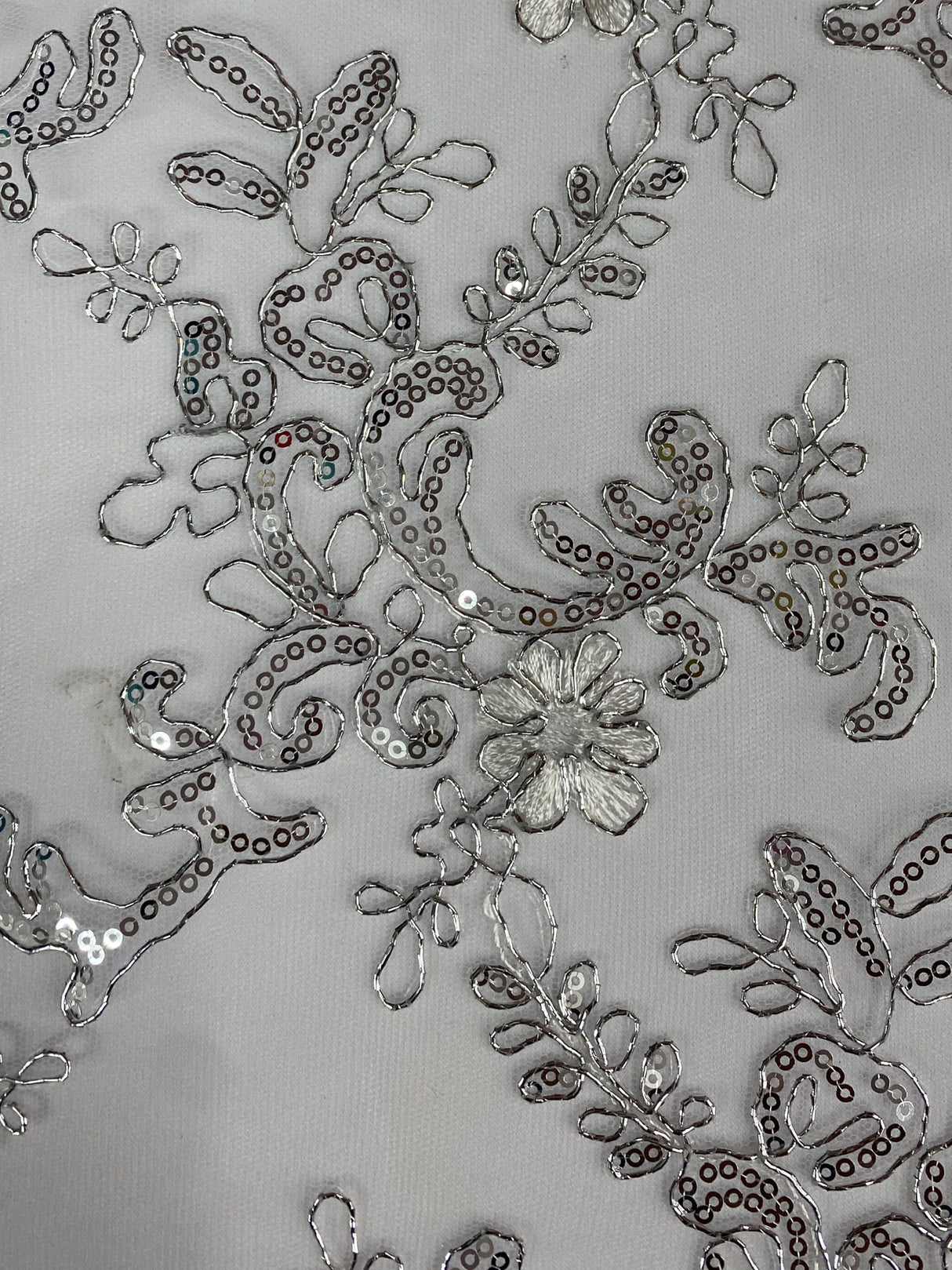 Elena's Lace Polyester Fabric - White/Silver/Silver Corded Mesh Embroidered With Sequins, Double Scalloped Edge, 54" Width (1 Yard)