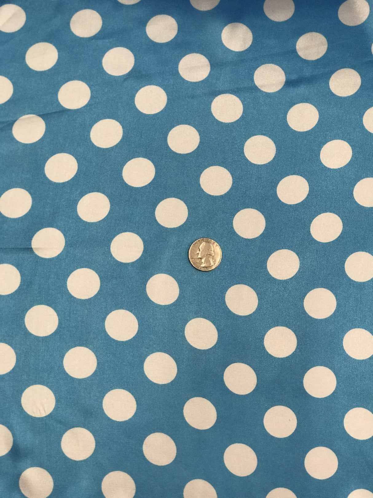 Big Polka Dots White On Turquoise Polyester Satin Fabric - White Polka Dots, Turquoise, 59/60" Width