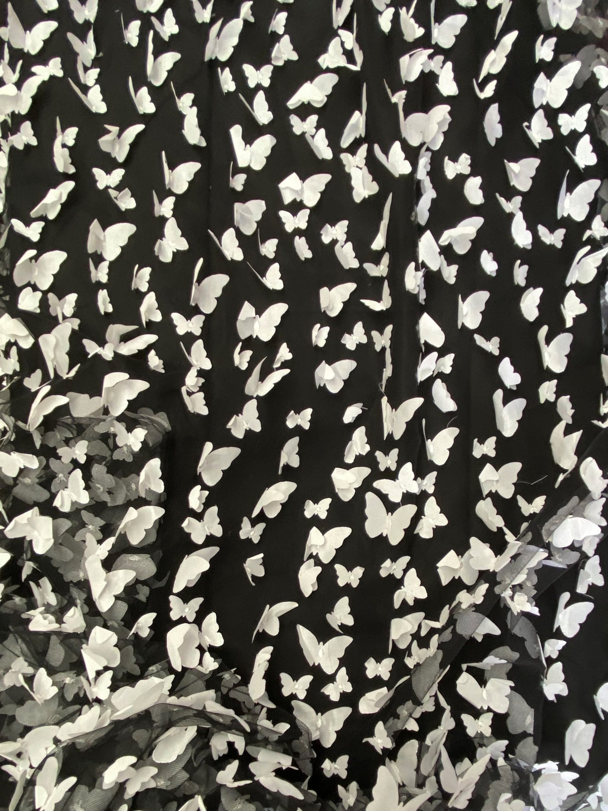 3D Butterflies White On Black Polyester Mesh Fabric - White Butterflies On Black, 54" Width (1 Yard)