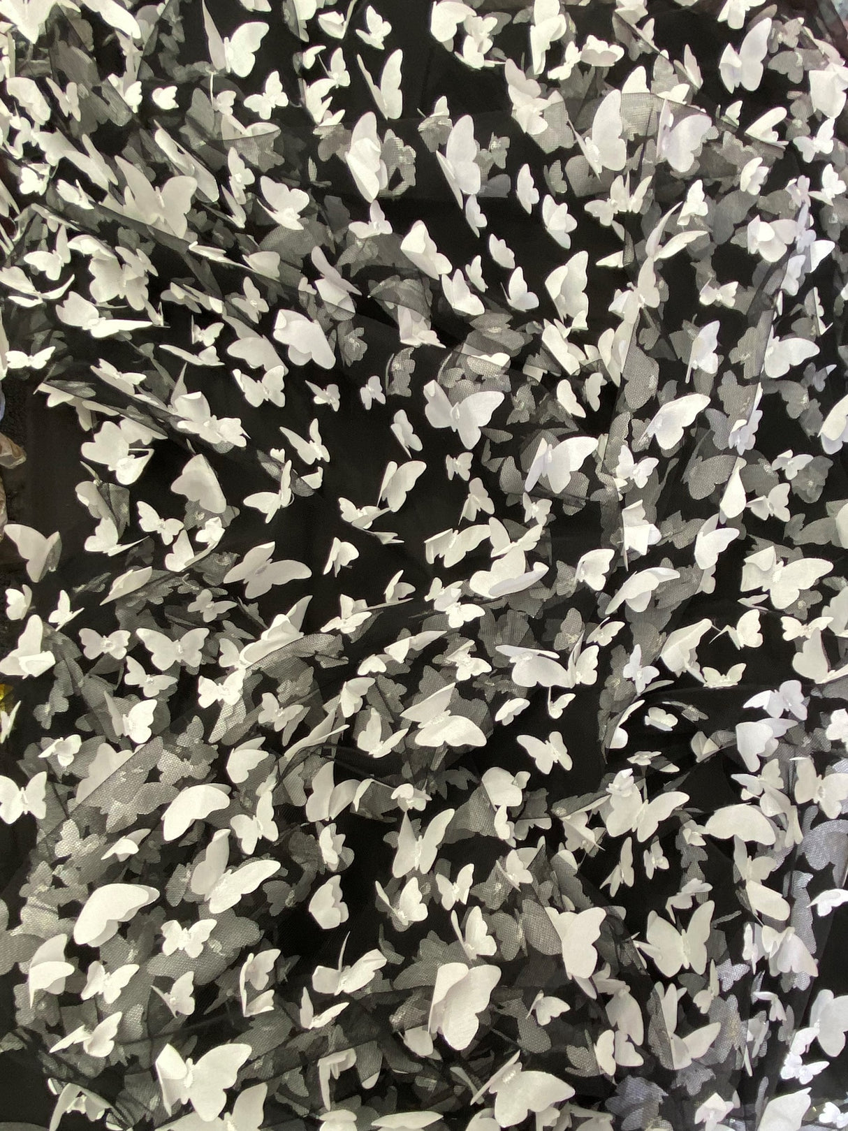 3D Butterflies White On Black Polyester Mesh Fabric - White Butterflies On Black, 54" Width (1 Yard)