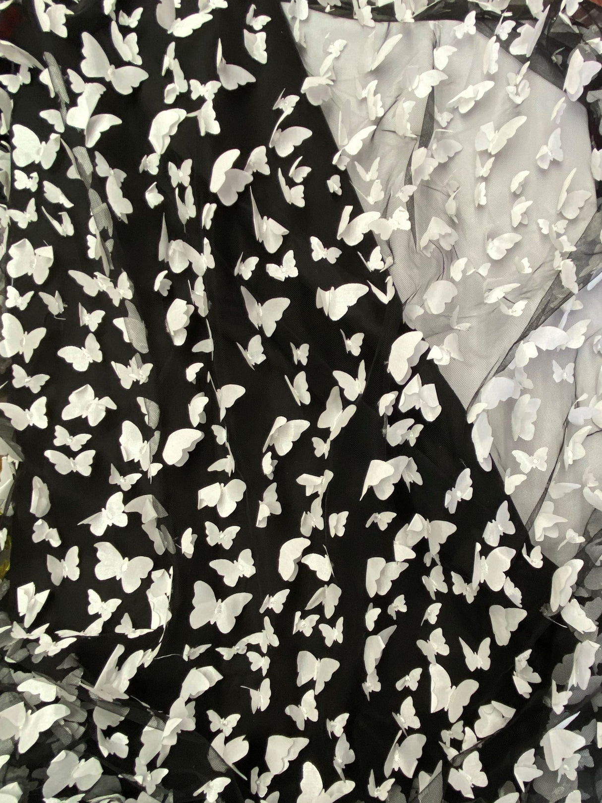 3D Butterflies White On Black Polyester Mesh Fabric - White Butterflies On Black, 54" Width (1 Yard)