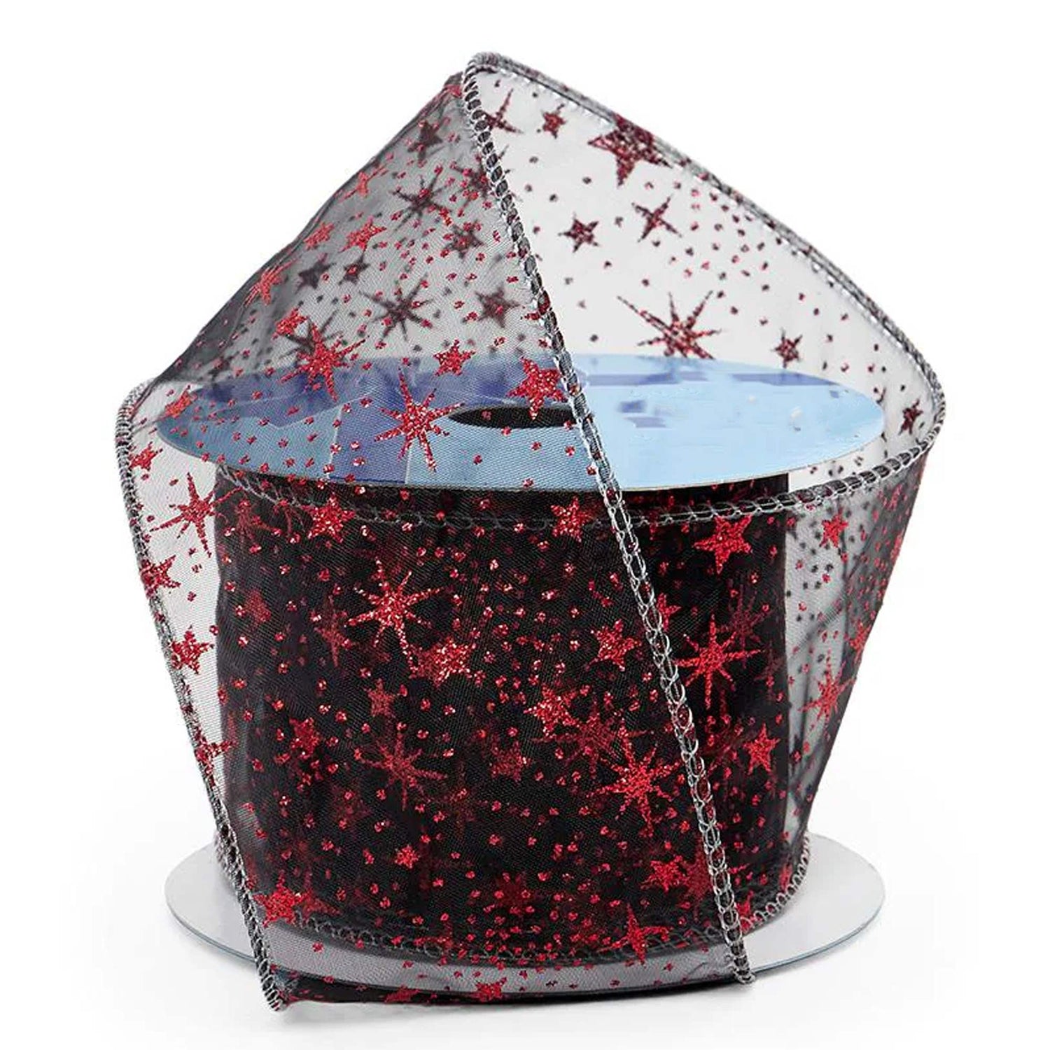 Glitter Stars On Wired Ribbon 2 1/2 '' X 10 yd 1 / ROLL Red / Black (Sheer)
