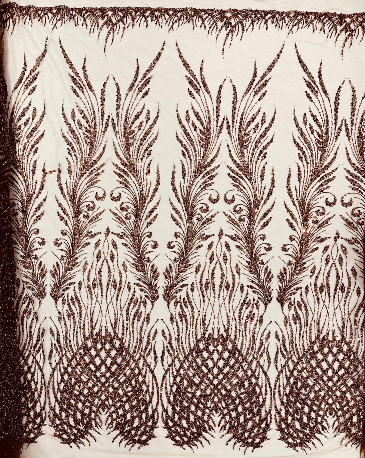 Wing Feather Damask Beaded Lace Fabric - Feather Damask, Beaded Mesh Lace, 50-54" Width (1 Yard)