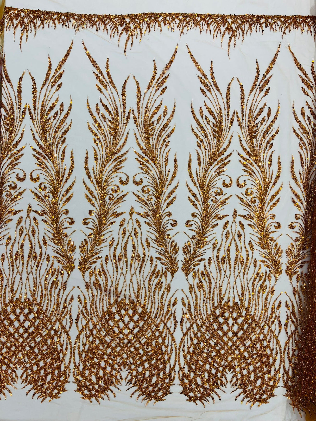 Wing Feather Damask Beaded Lace Fabric - Feather Damask, Beaded Mesh Lace, 50-54" Width (1 Yard)