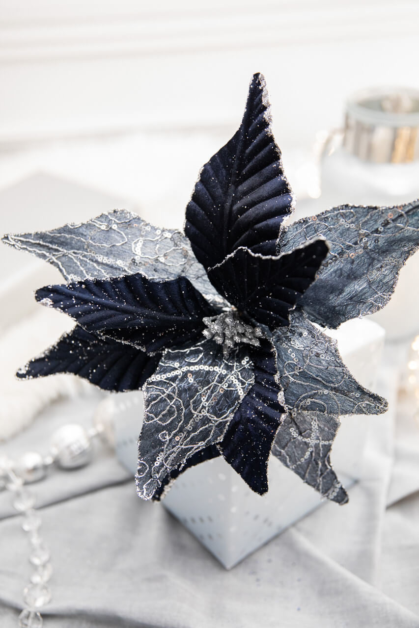24 Inch x 13 Inch Winter’s Night Navy Poinsettia Stem