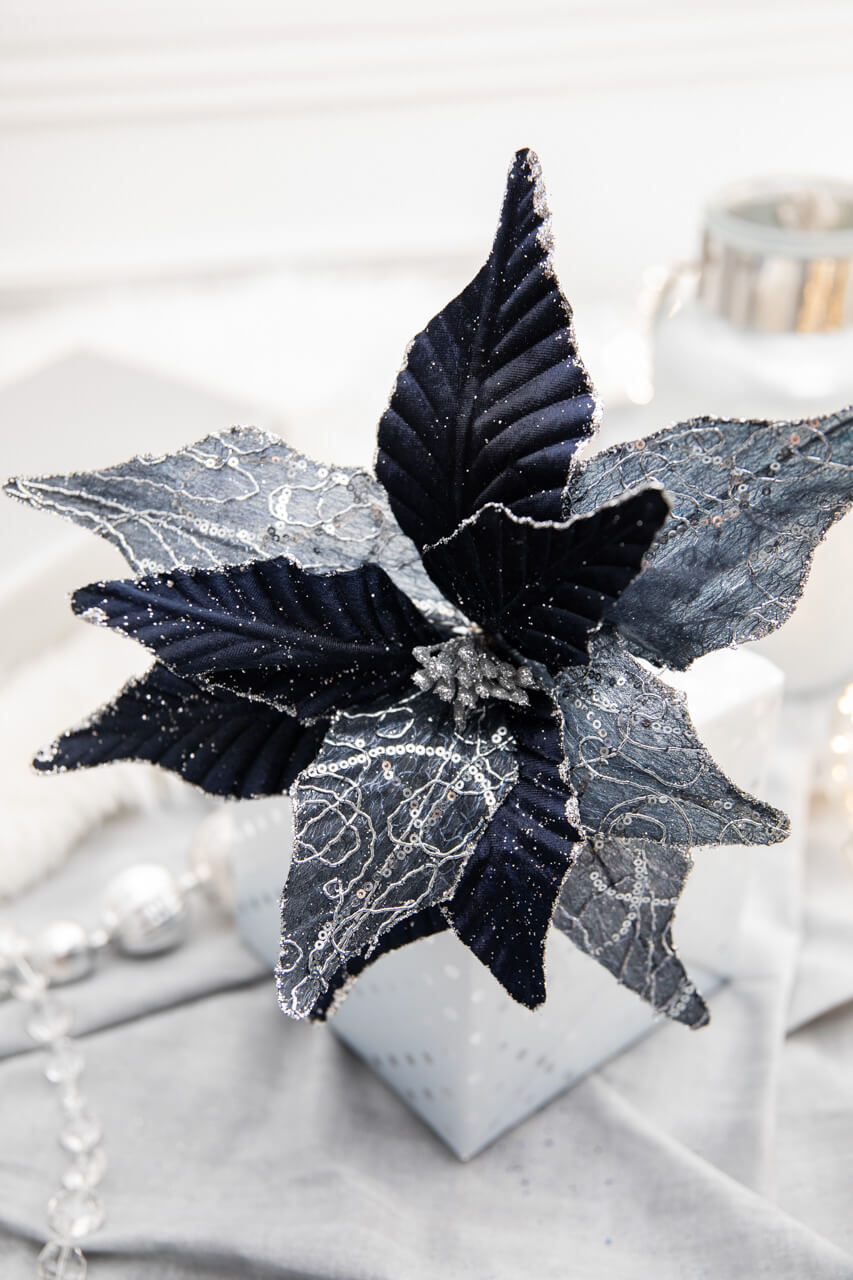 24” x 13" Winters Night Navy Poinsettia Stem