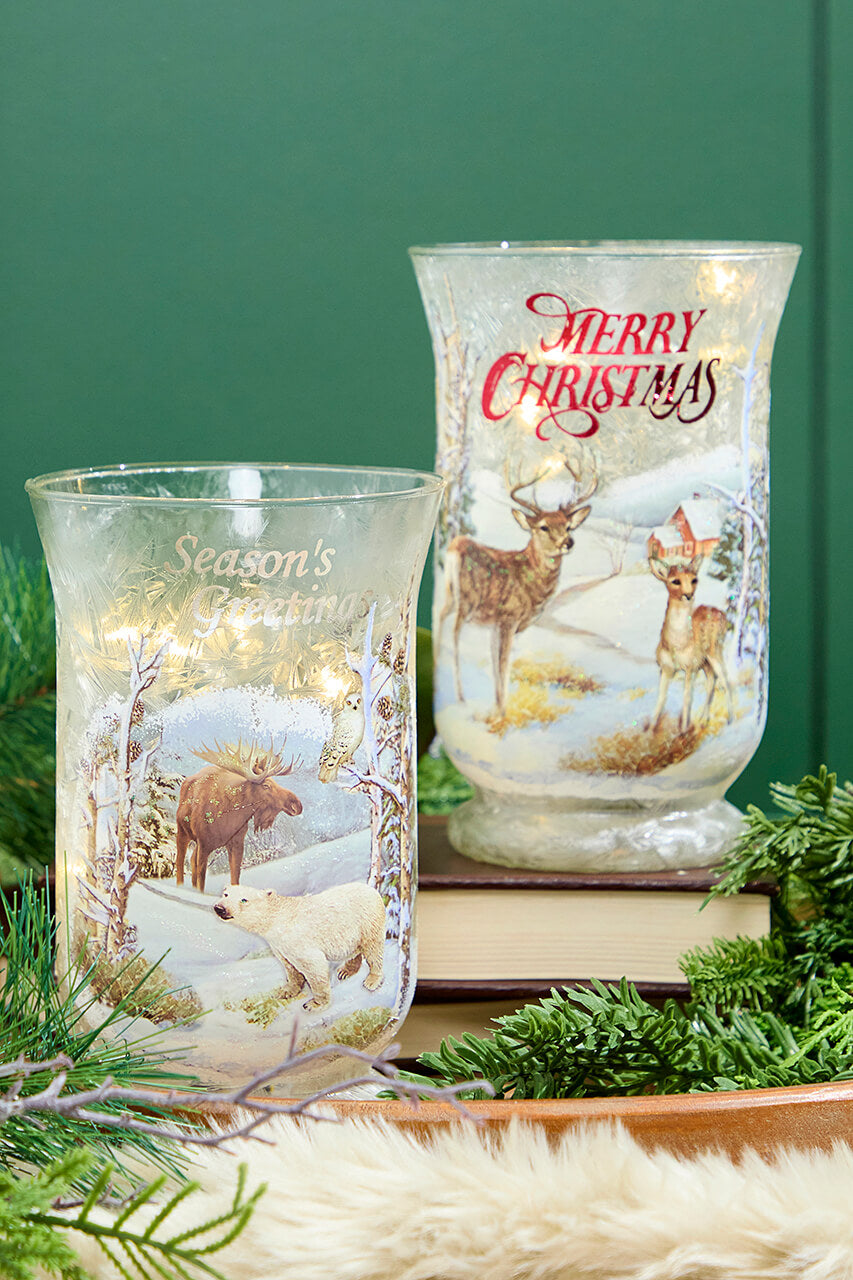 8"H B/O Lighted Glass Deer/Moose Design Hurricane Luminary