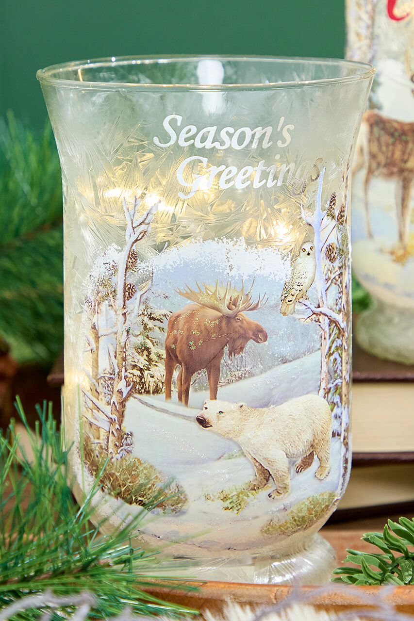 8"H B/O Lighted Glass Deer/Moose Design Hurricane Luminary