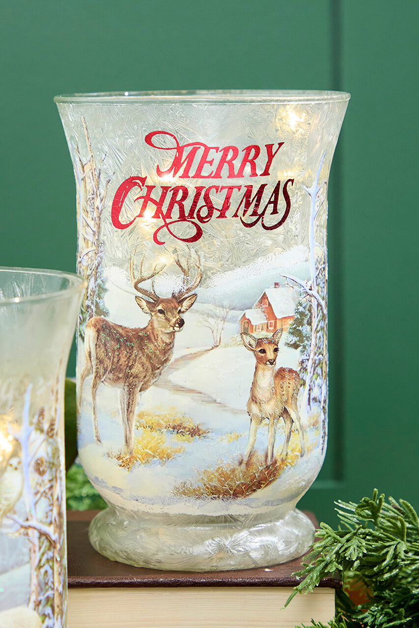 8"H B/O Lighted Glass Deer/Moose Design Hurricane Luminary