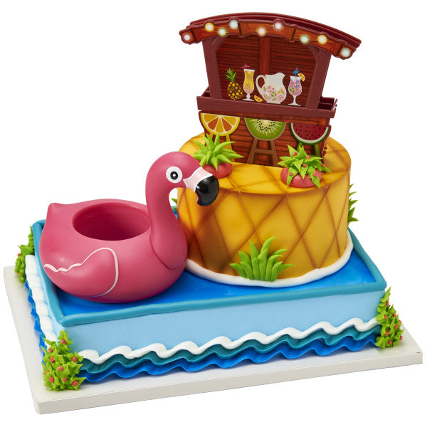 Tropical Party Cake Topper, 2-Piece Pool Party Cake Decoration Set, Includes Pink Flamingo Can Cooler and Tiki-Hut