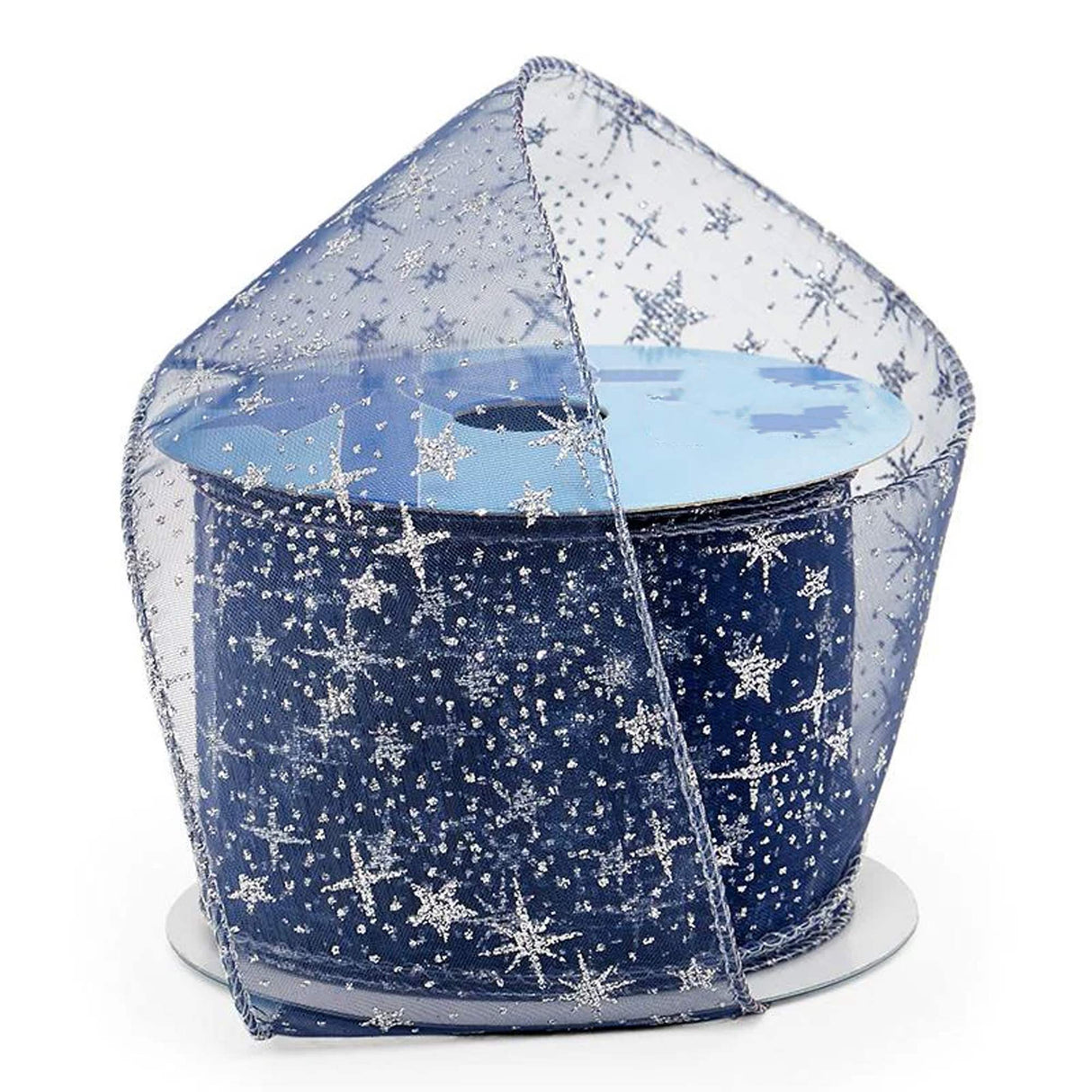 Glitter Stars On Wired Ribbon 2 1/2 '' X 10 yd 1 / ROLL Silver / Blue (Sheer)