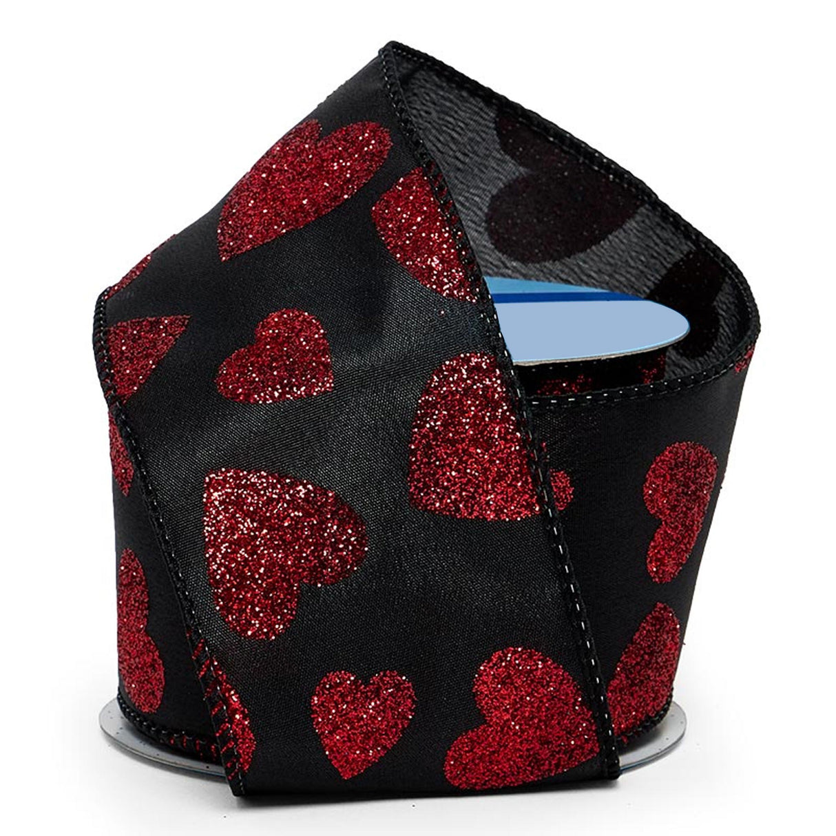Glitter Hearts On Wired Ribbon 2 1/2 '' x 10 yd Black / Red Color 1 / ROLL