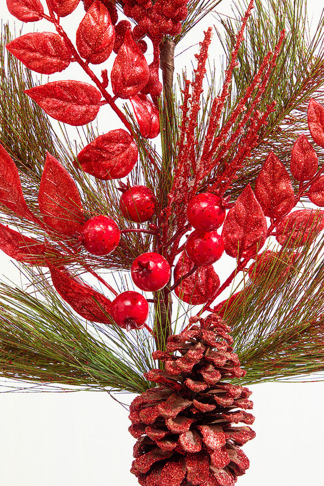 30 Inchi Berry Pine Cone Cedar Spray - Red Winter Christmas Holiday Decorative Accent