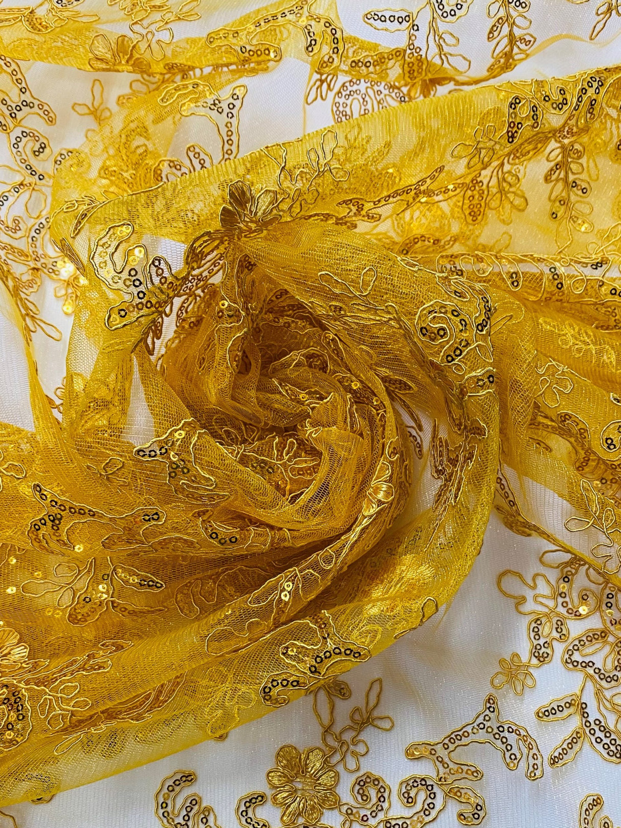 Elena's Lace Polyester Fabric - Golden Yellow Corded Mesh Embroidered With Sequins, Double Scalloped Edge, 54" Width (1 Yard)