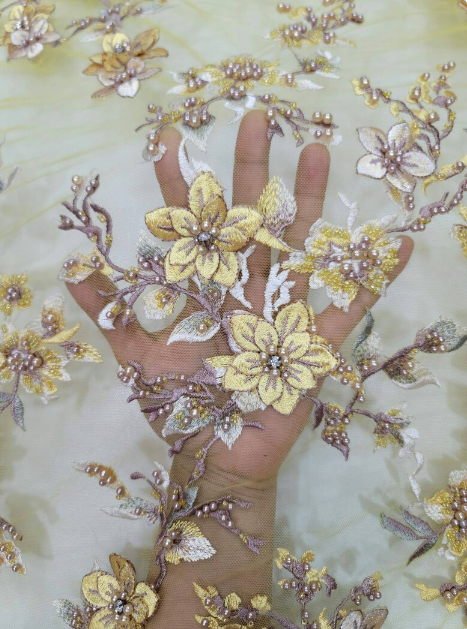 Beaded Lace 3D Floral Yellow